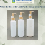 White Bottles With Gold Plastic Long-Neck Pump