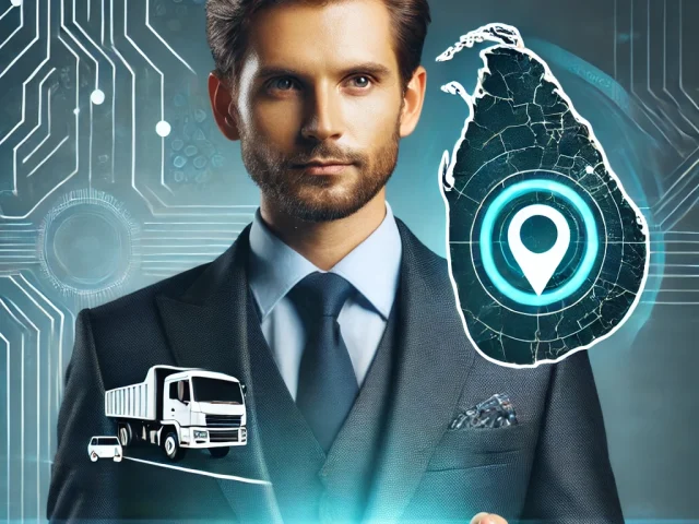 DALL·E 2025-03-27 10.12.31 - A professional man wearing a formal suit, with his face shaped like the map of Sri Lanka. He is holding a mobile phone or tablet displaying a GPS map
