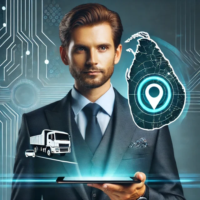 DALL·E 2025-03-27 10.12.31 - A professional man wearing a formal suit, with his face shaped like the map of Sri Lanka. He is holding a mobile phone or tablet displaying a GPS map